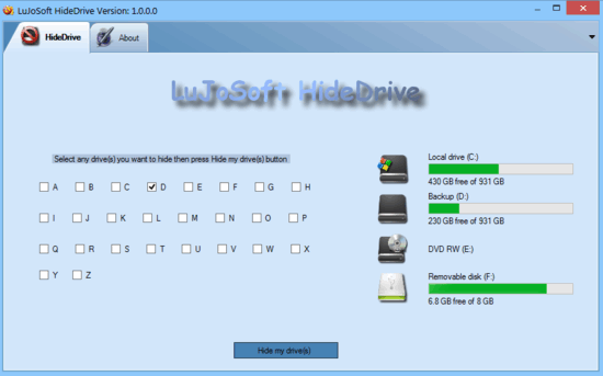 lujosoft hidemydrive in action