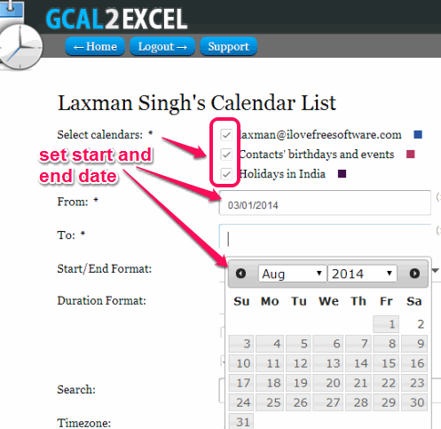 select caldendars list to export