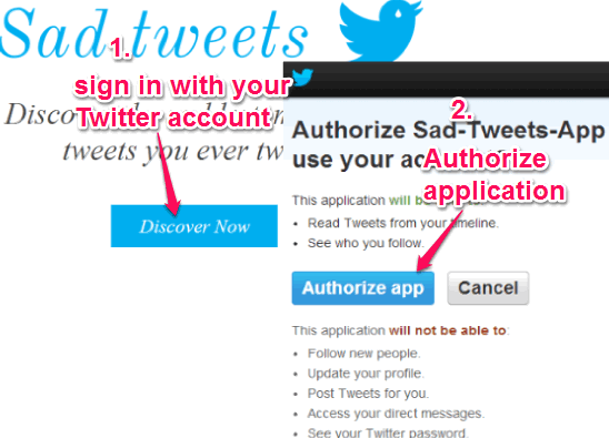sign in and authorize Sad Tweets