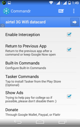 Commandr for Google Now Settings