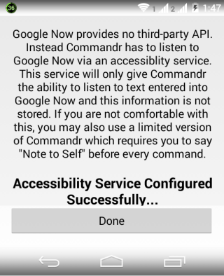Confirmation for Activating Commandr for Google Now