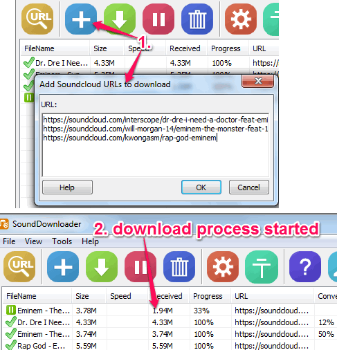 add SoundCloud URLs and start download process