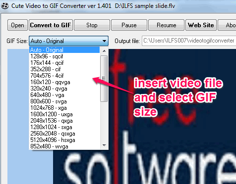 add video file and choose GIF size from presets