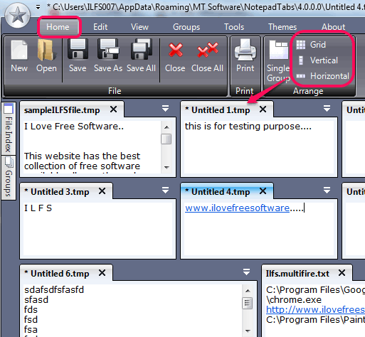 arrange tabs using a particular view mode