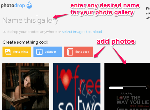 drop photos and enter your photo gallery name