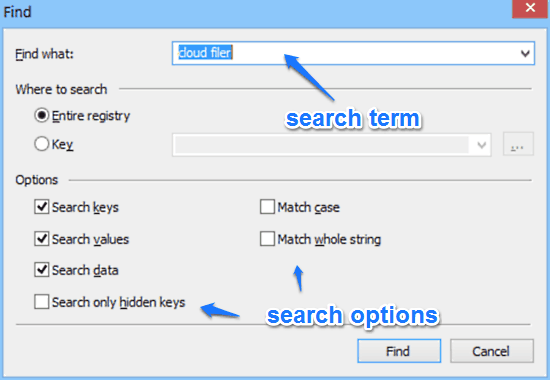 registry finder search box