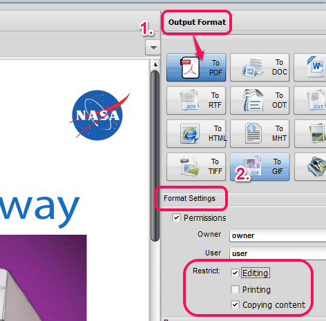 select output format and format settings