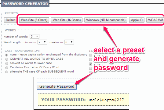 select preset to generate password