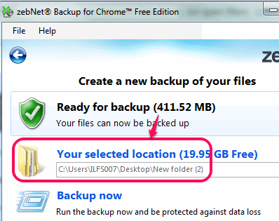 set destination folder and start the backup