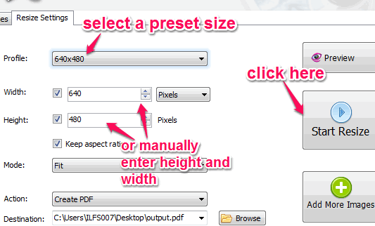 set output size for images and start resizing process