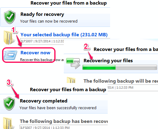 start recovery process with backup file