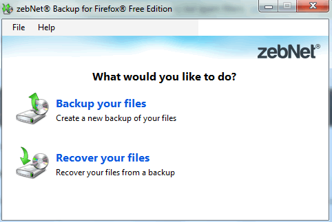 zebNet Backup for Firefox- interface
