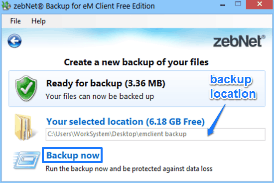 zebnet backup for em client backup prompt
