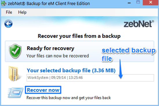 zebnet backup for em client recovery prompt