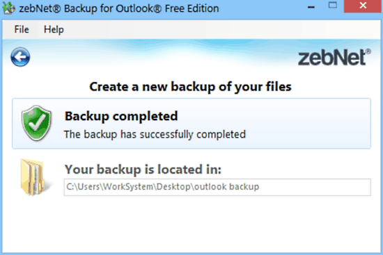 zebnet backup for outlook backup done