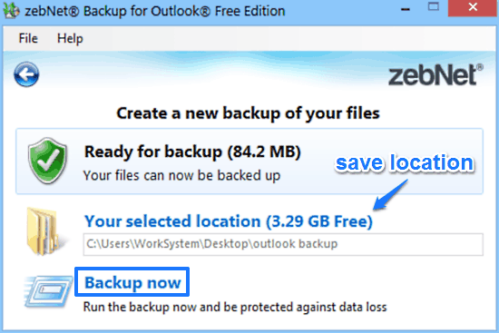 zebnet backup for outlook backup prompt