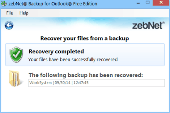 zebnet backup for outlook recovery done