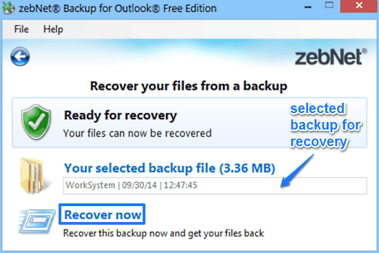 zebnet backup for outlook recovery prompt