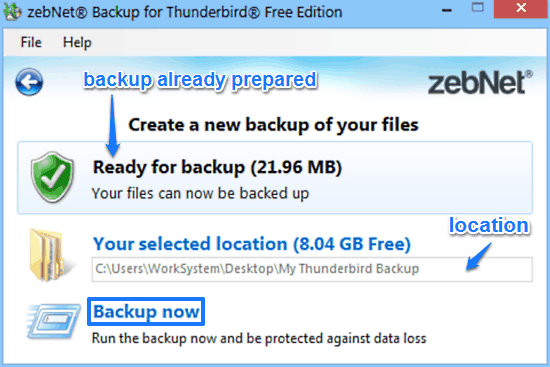 zebnet backup for thunderbird backup prompt