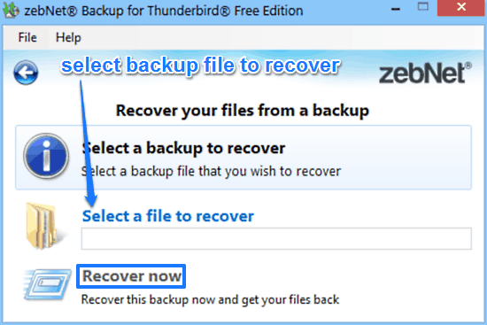 zebnet backup for thunderbird recovery prompt