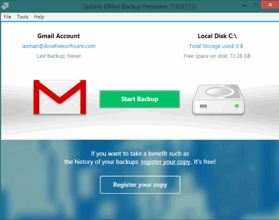 UpSafe Gmail Backup- interface