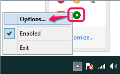 access Options using tray icon