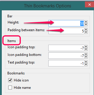 adjust settings for bookmarks bar height and items spacing
