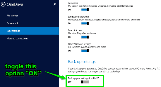 backup pc settings to onedrive