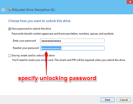 bitlocker encryption specify password