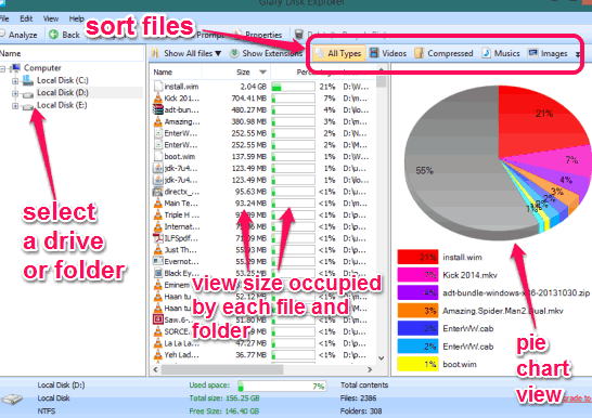 check disk space with pie chart view and sort files
