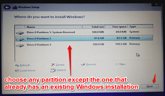 choose installation partition