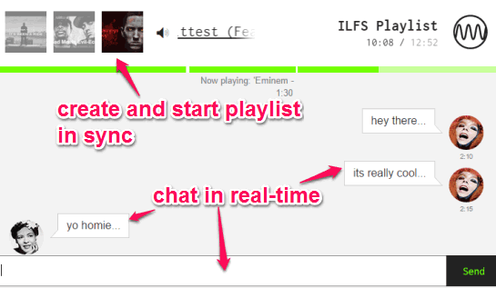 create and start playlist in sync and chat in real-time