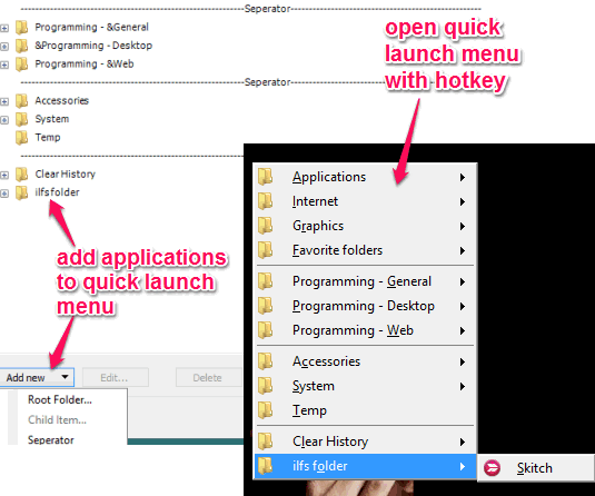 create folder and add applications to quick launch menu