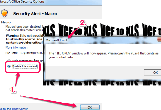 enable macros option to open Vcard file