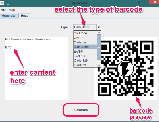 enter infromation and select barcode type to generate barcode