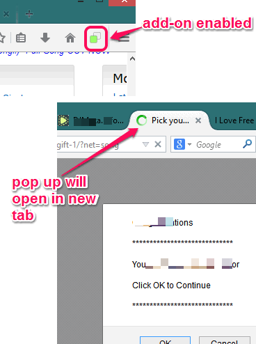 green icon indicates pop up will enable in new tab