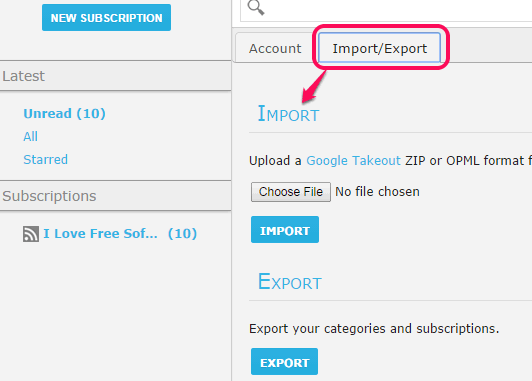 import and export rss feed xml file