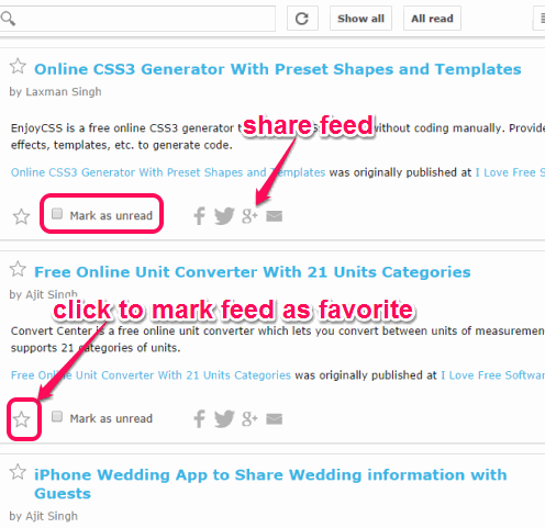 mark feed as favorite, unread, and share