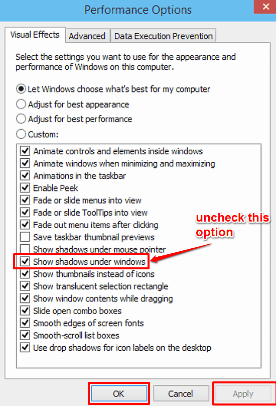 performance options dialog box