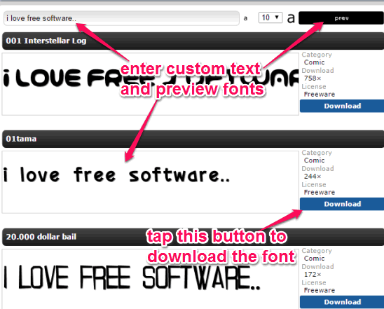 preview font with custom text and download