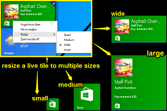 resize live tiles and tile sizes