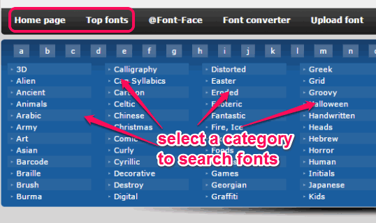 search fonts with category