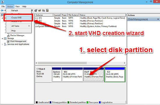 select disk and start vhd wizard