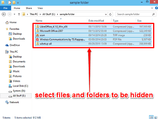 select files and folders to hide