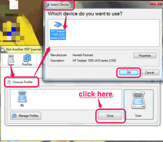 select the profile and scanner connected with your PC