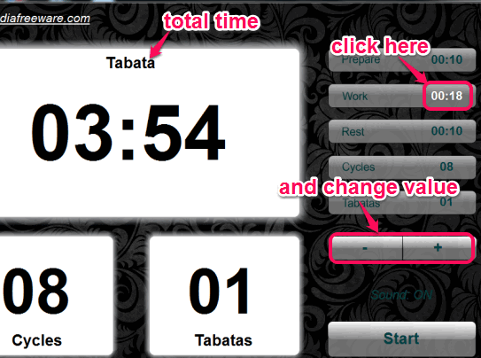 set work time, tabata time, and number of cycles