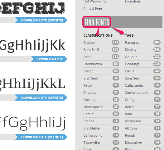 sort fonts by category or by tags