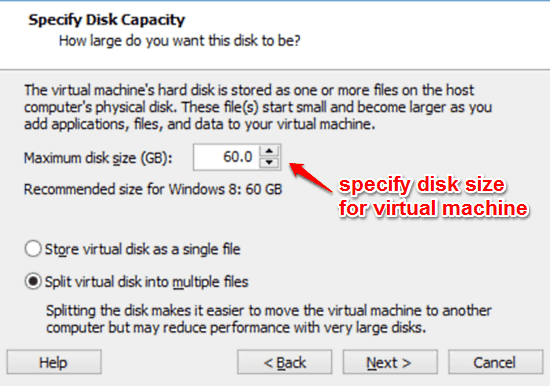 specify virtual machine disk size