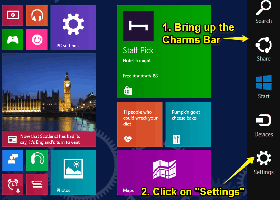 start screen and charms