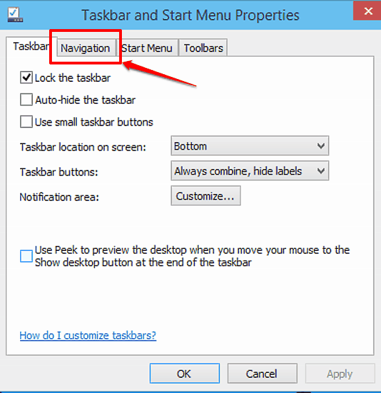 taskbar and start menu properties dialog box